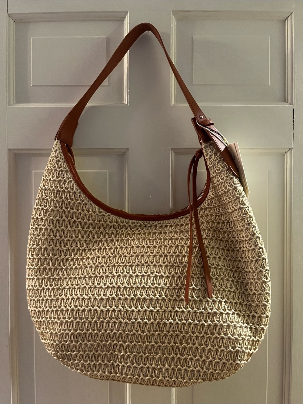 Kayla + Ava Woven Crochet Hobo Bag with Brown Leather Trim